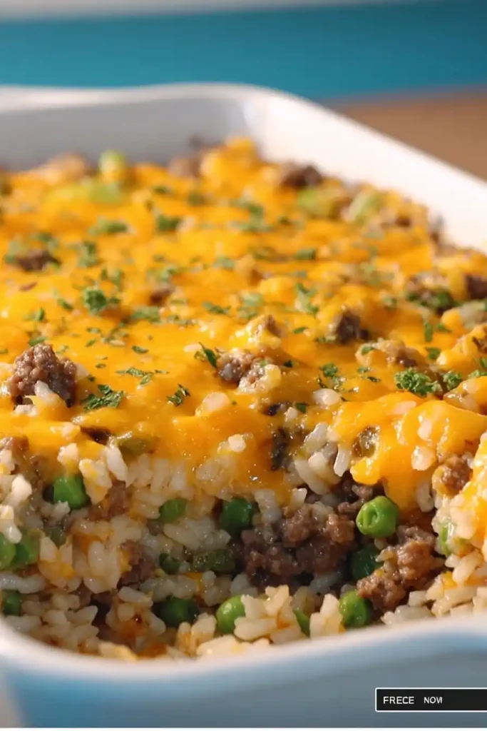 Close-up view of Cheesy Ranch Ground Beef and Rice Casserole with melted cheddar and peas