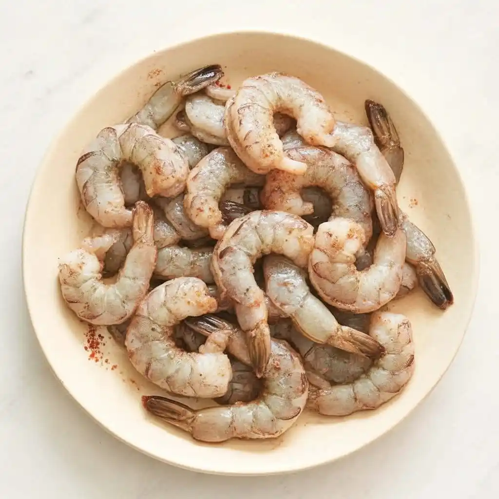 Raw shrimp cleaned and peeled on a plate for classic shrimp bisque recipe