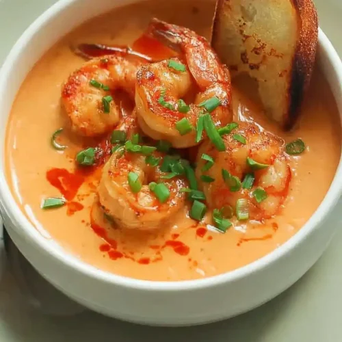 Classic Shrimp Bisque served in a white bowl with shrimp and bread slice
