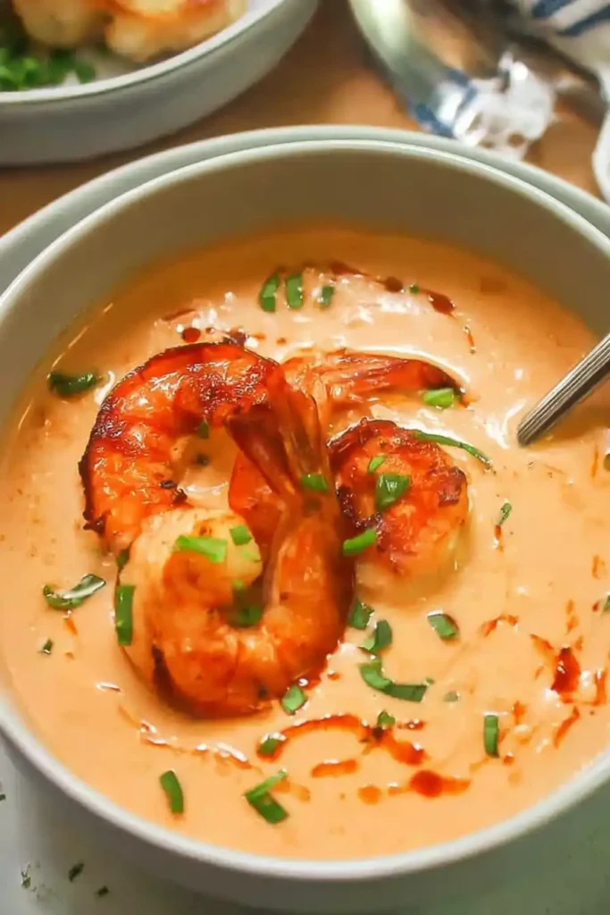 Creamy shrimp bisque topped with sautéed shrimp and drizzled oil