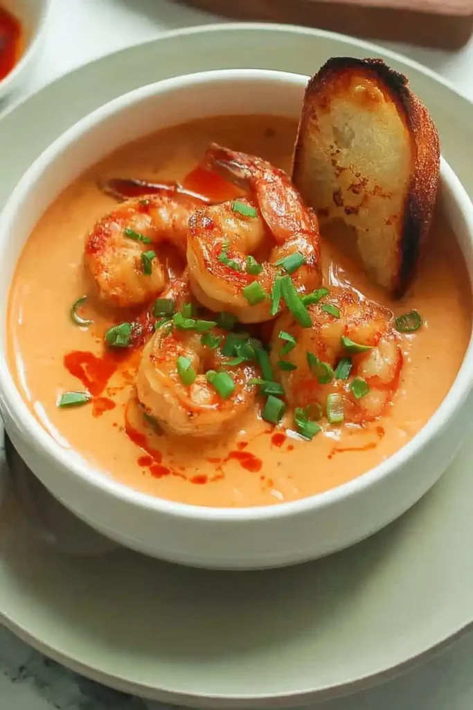 Classic Shrimp Bisque served in a white bowl with shrimp and bread slice
