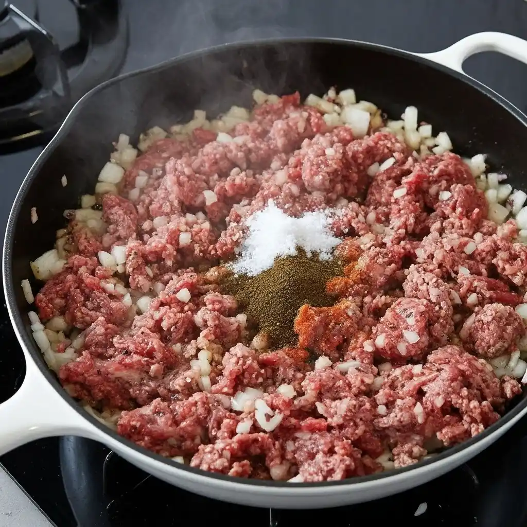 browning ground beef with onions in skillet