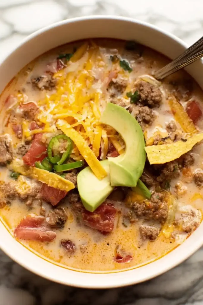 Creamy cheesy taco soup served in white bowl