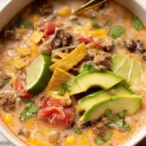 Creamy cheesy ground beef taco soup with avocado and tortilla strips