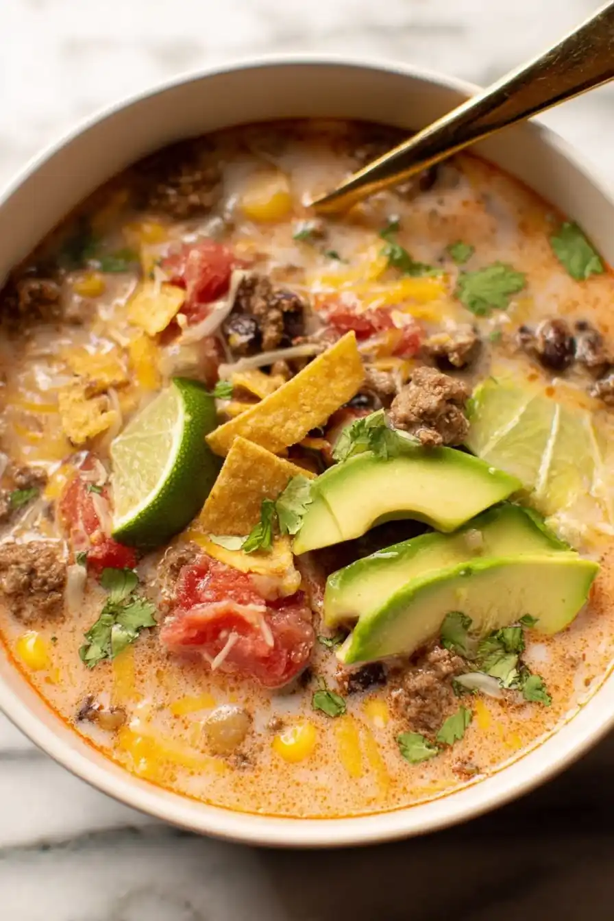 Creamy cheesy ground beef taco soup with avocado and tortilla strips