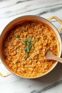 One pot creamy ground beef orzo in tomato cream sauce