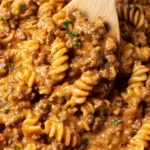 Creamy Ground Beef Pasta with rotini noodles in rich sauce
