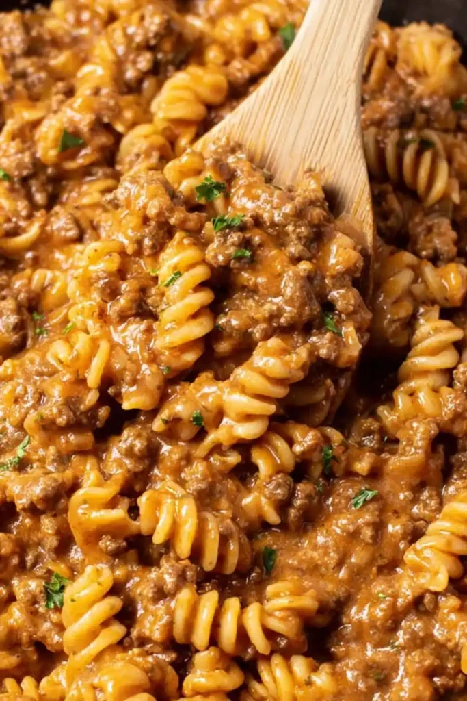 Creamy Ground Beef Pasta with rotini noodles in rich sauce