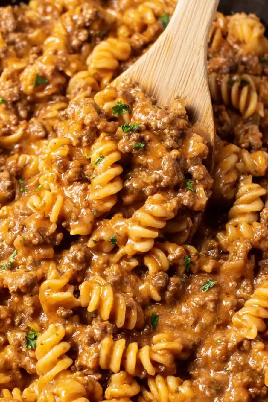 Creamy Ground Beef Pasta with rotini noodles in rich sauce