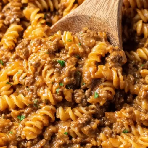 Creamy ground beef pasta close-up for recipe card