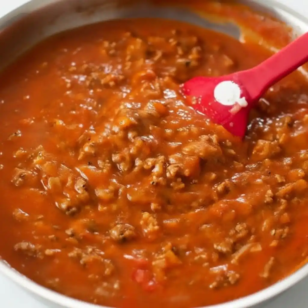 Tomato sauce and beef simmering in pan