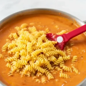 Pasta being mixed into creamy beef sauce