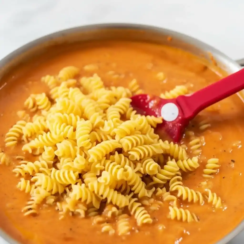 Pasta being mixed into creamy beef sauce