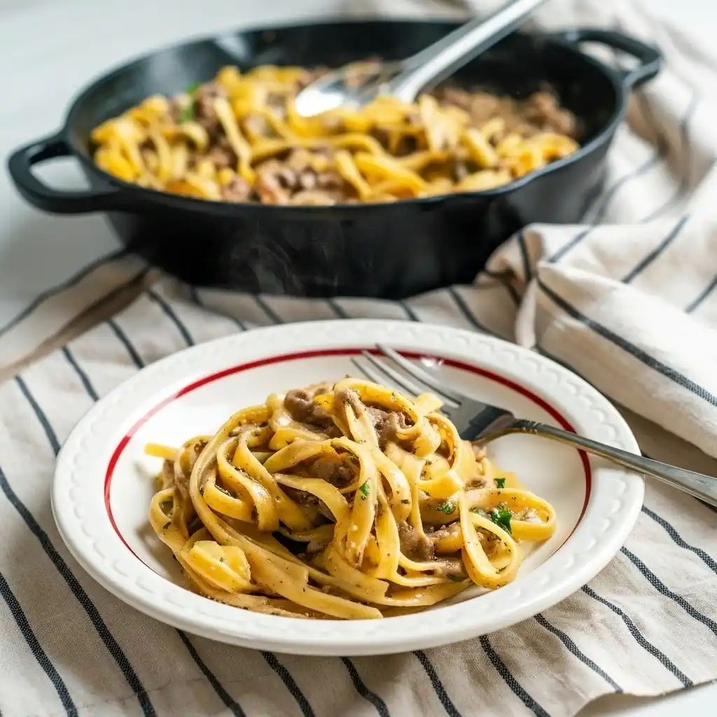 creamy garlic butter beef pasta served on a white plate