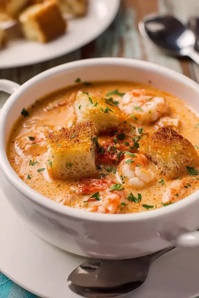 A beautifully plated bowl of Crockpot Seafood Bisque, garnished with herbs and crunchy croutons, served beside bread and a spoon.