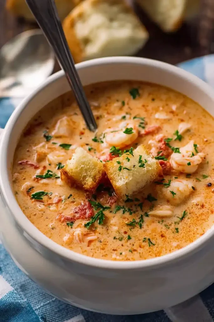 Crockpot Seafood Bisque served with parsley and croutons in a white bowl