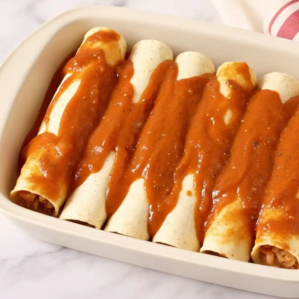 pouring enchilada sauce over rolled tortillas
