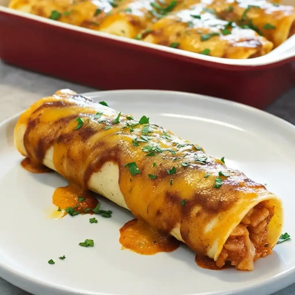 plated cheesy ground beef enchilada