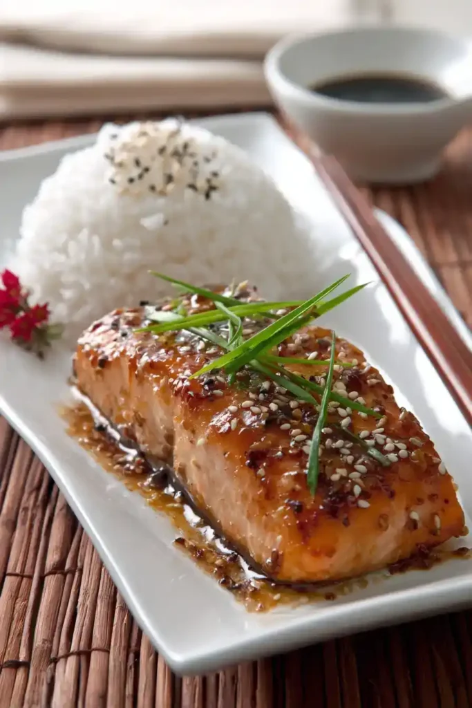 Miso salmon with sesame glaze and rice on a plate