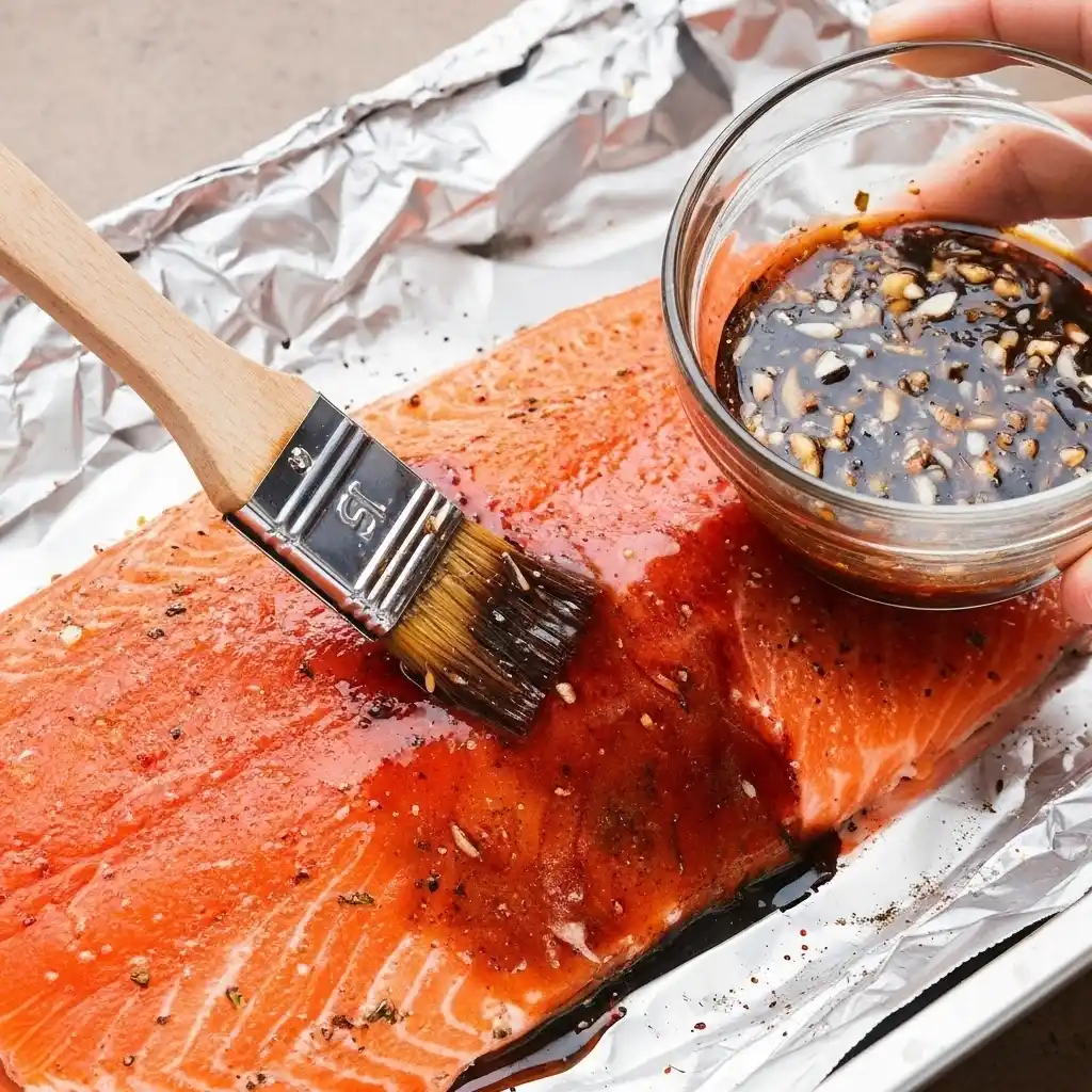 Glaze being brushed over raw salmon on foil