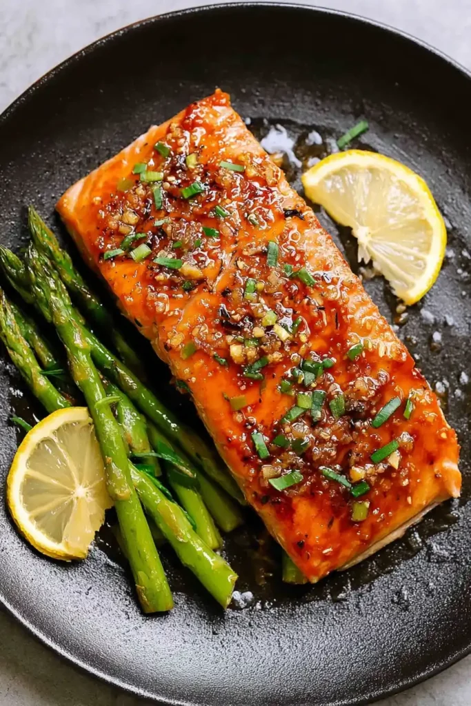 Plated salmon with asparagus and lemon wedges