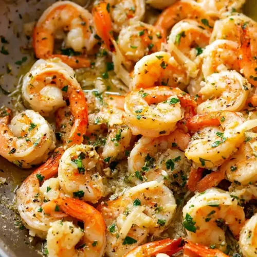 Classic Garlic Butter Shrimp Scampi in skillet with garlic butter sauce