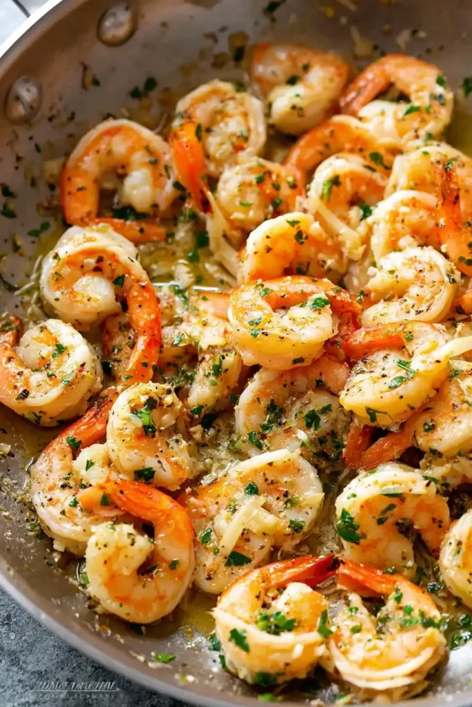 Classic Garlic Butter Shrimp Scampi in skillet with garlic butter sauce