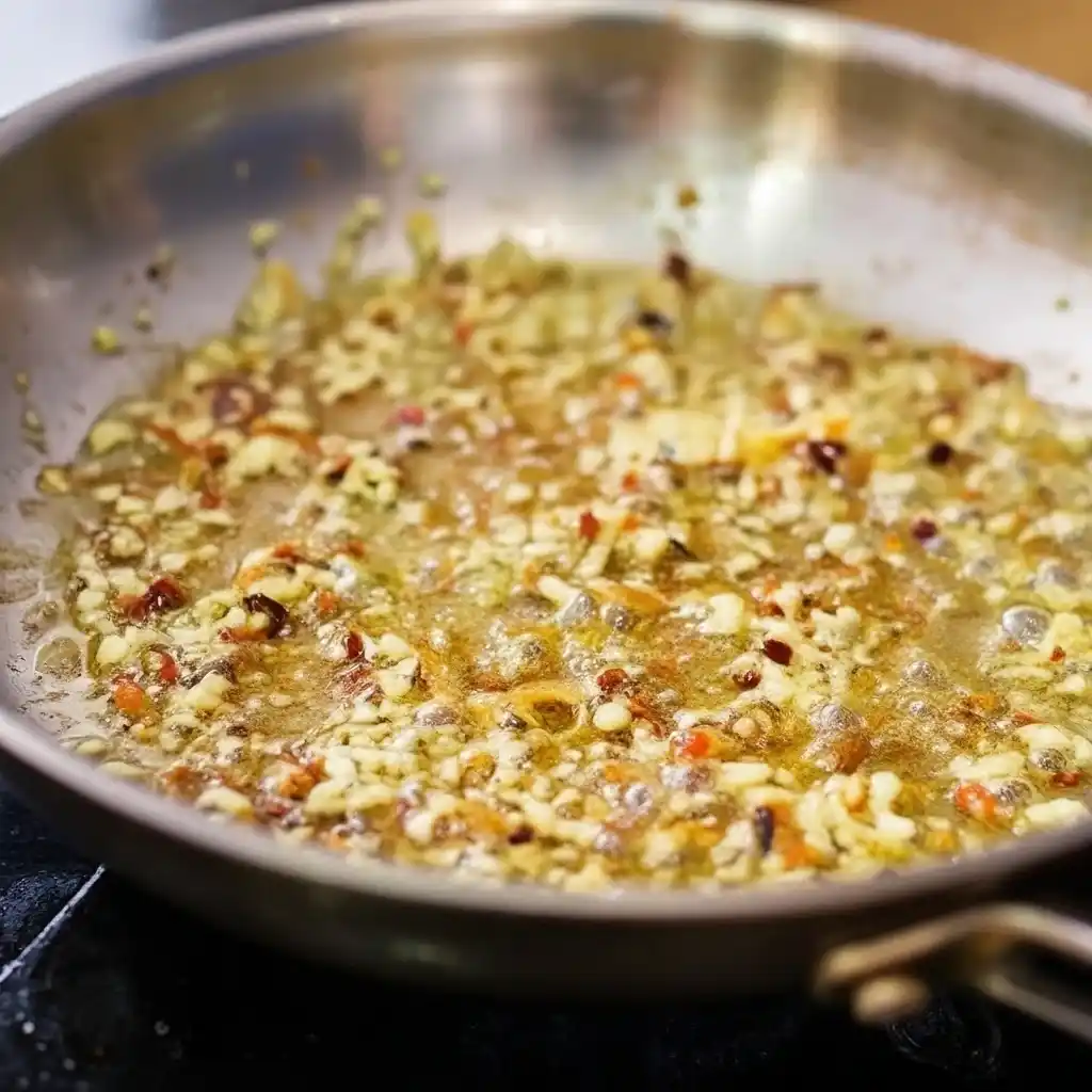 Garlic and chili flakes sizzling in olive oil and butter in a pan for shrimp scampi