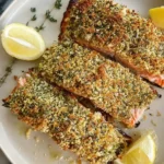 Garlic Parmesan Crusted Salmon baked on parchment with golden crust and lemon wedges