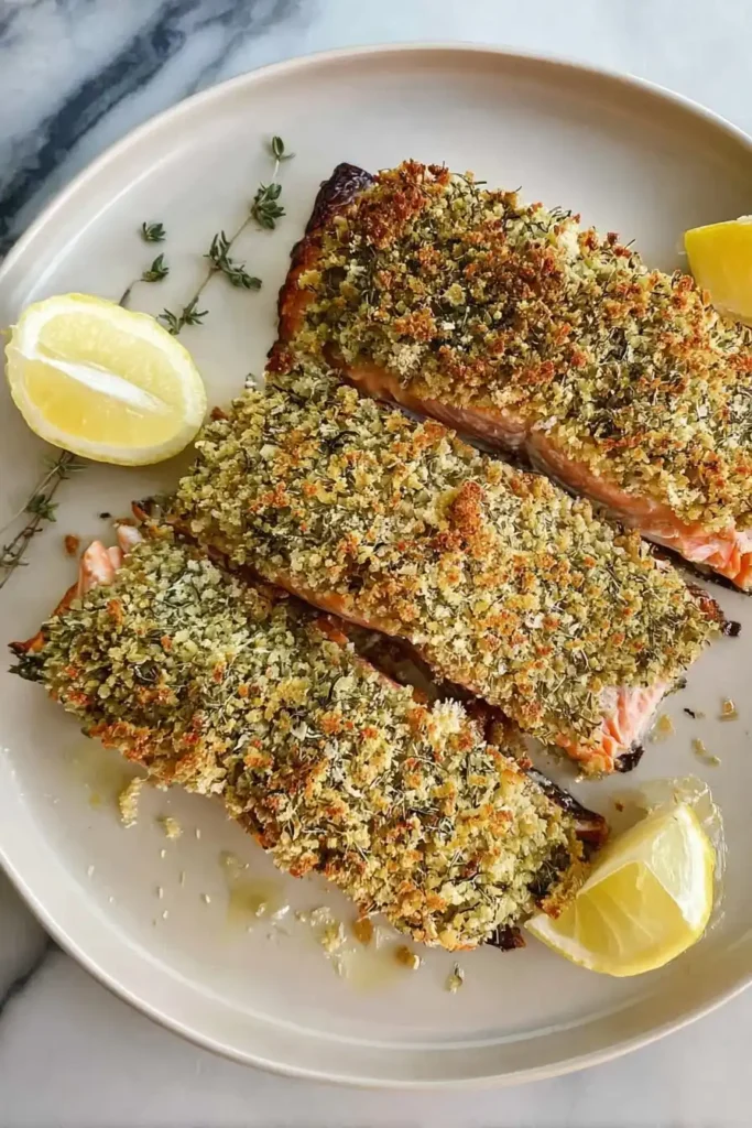 Garlic Parmesan Crusted Salmon baked on parchment with golden crust and lemon wedges