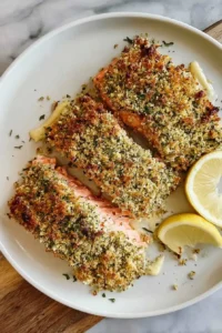 Garlic Parmesan Crusted Salmon fillets on a white plate with lemon wedges