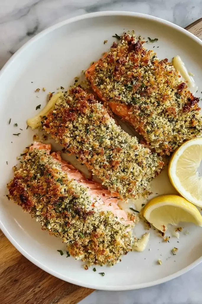 Garlic Parmesan Crusted Salmon fillets on a white plate with lemon wedges