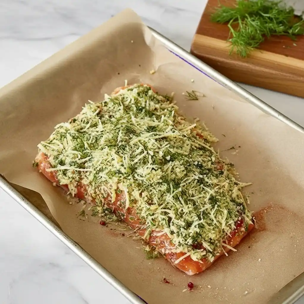 Unbaked salmon fillet coated with garlic, parmesan, herbs, and breadcrumbs on parchment