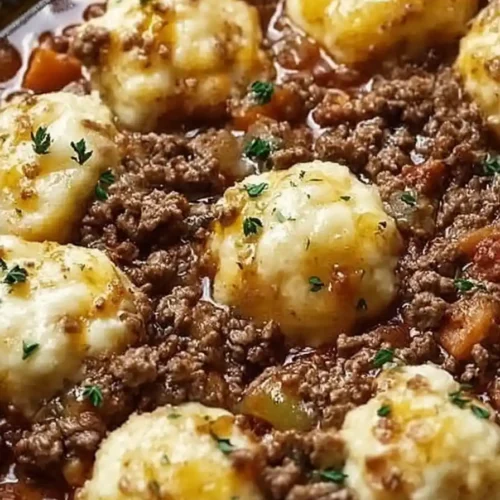 Ground beef and dumplings simmered in rich brown gravy topped with soft fluffy dumplings