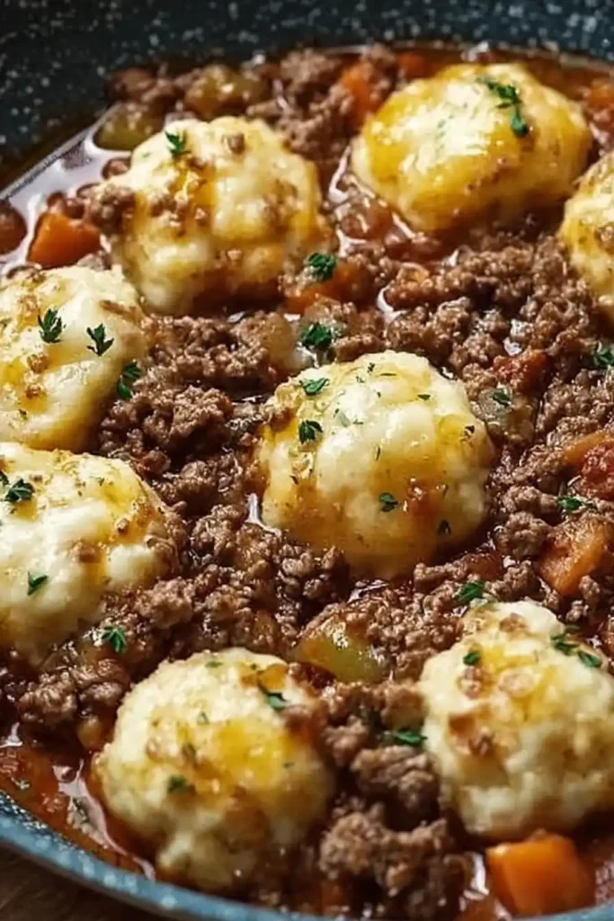 Ground beef and dumplings simmered in rich brown gravy topped with soft fluffy dumplings