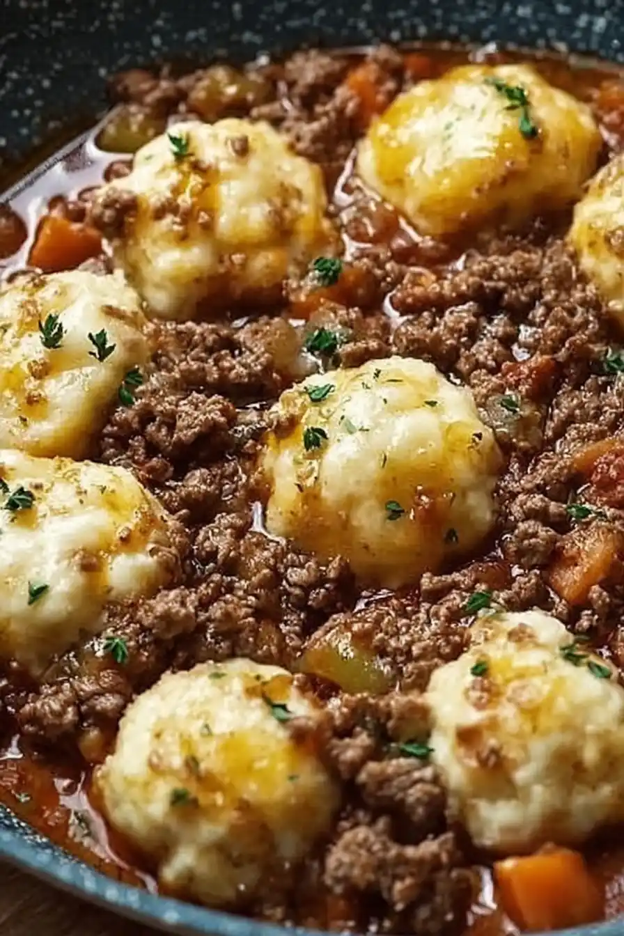 Ground beef and dumplings simmered in rich brown gravy topped with soft fluffy dumplings