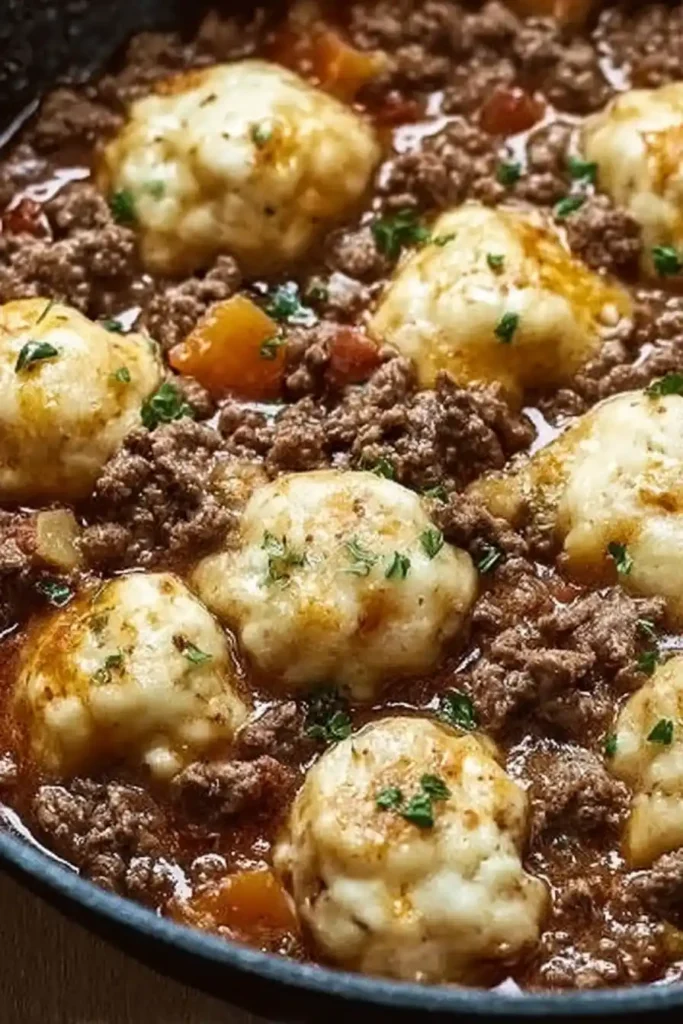 Close-up of homemade beef dumplings in thick gravy with vegetables and herbs