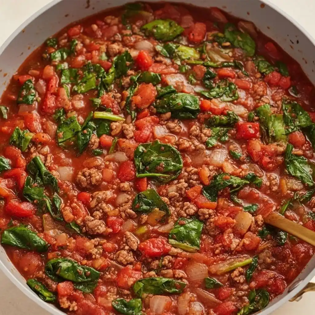 cherry tomato sauce simmering with ground beef and spinach