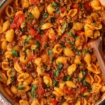 ground beef and cherry tomato pasta skillet in pan