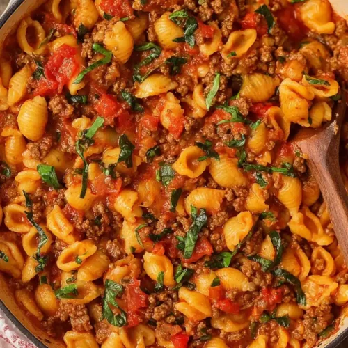 ground beef and cherry tomato pasta skillet in pan