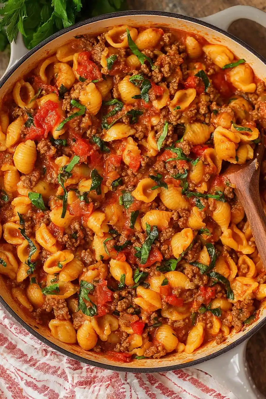 ground beef and cherry tomato pasta skillet in pan
