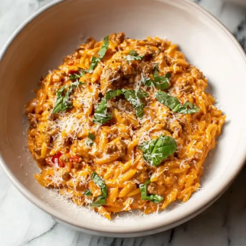 Bowl of creamy ground beef orzo with tomato cream sauce