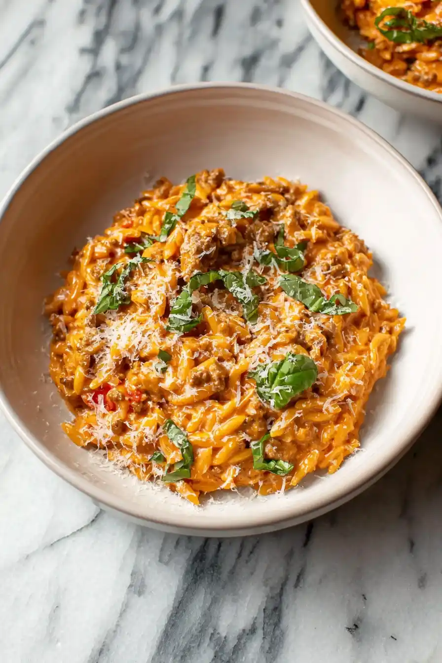 Bowl of creamy ground beef orzo with tomato cream sauce