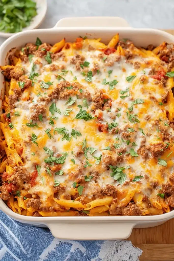 Ground Beef Pasta Bake with Mozzarella Fresh from the Oven