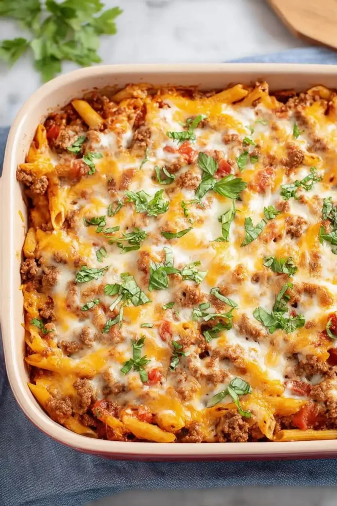 ground beef pasta bake with mozzarella in casserole dish