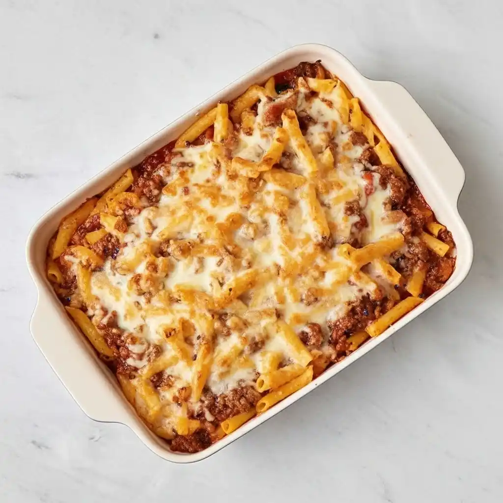 baked ground beef pasta with mozzarella ready to serve