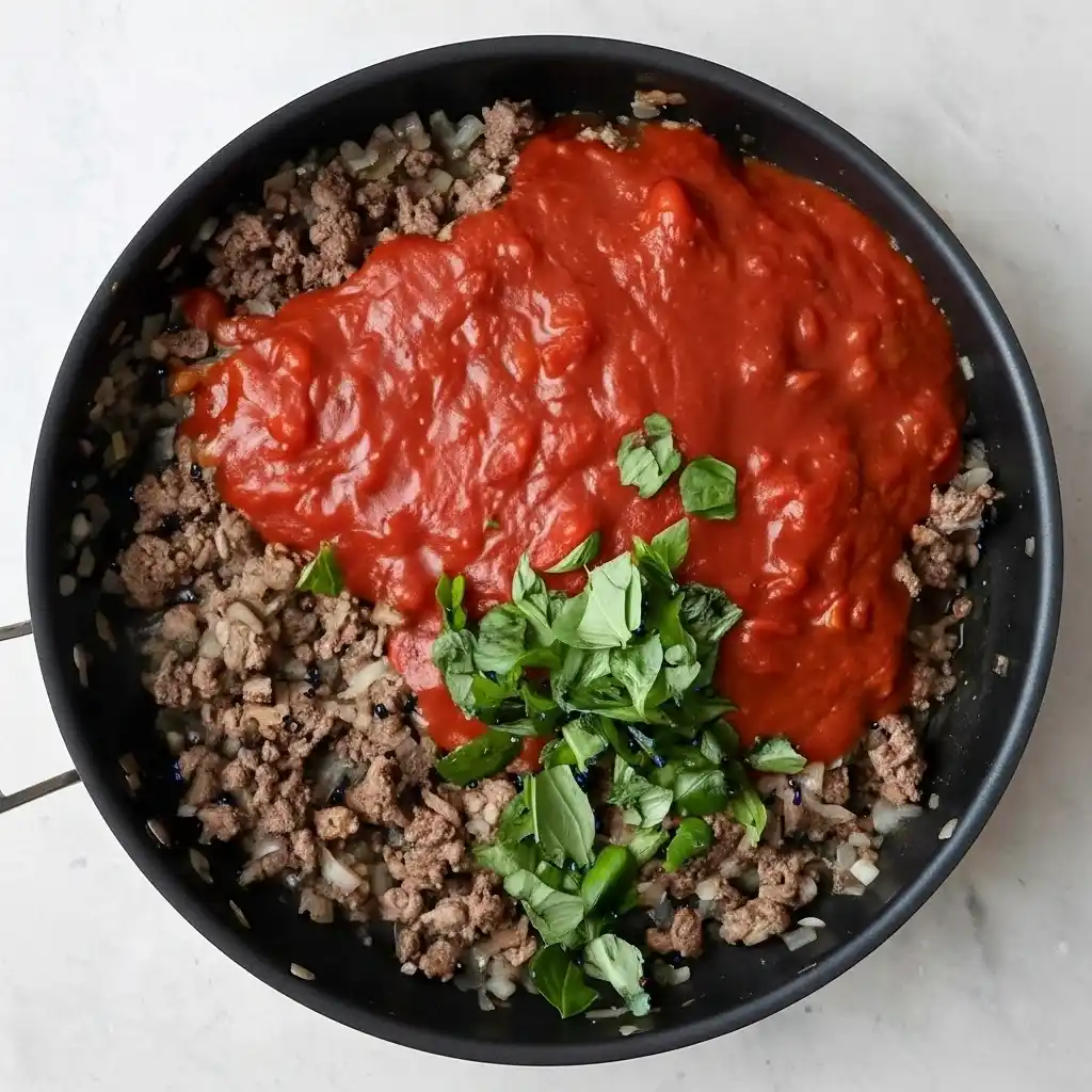 adding marinara sauce and fresh basil to cooked ground beef