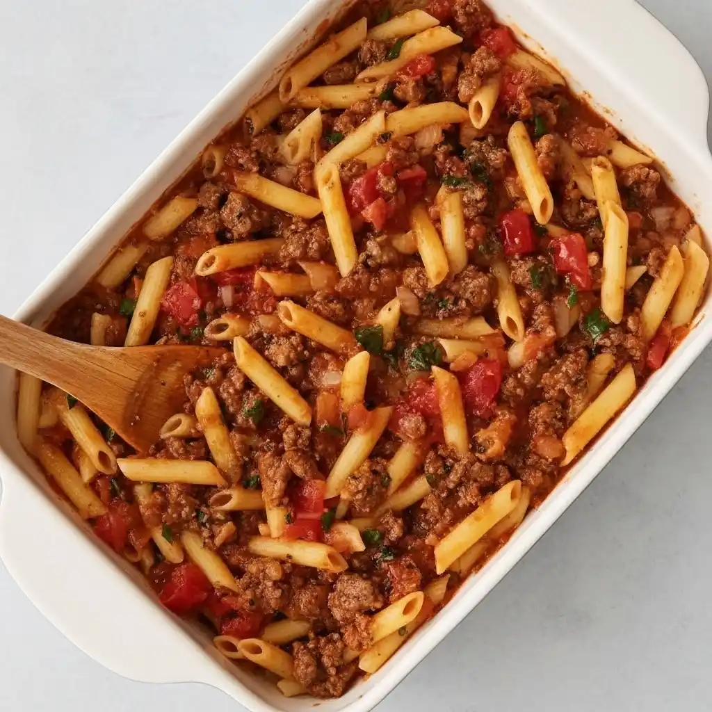 mixing pasta with ground beef sauce in baking dish