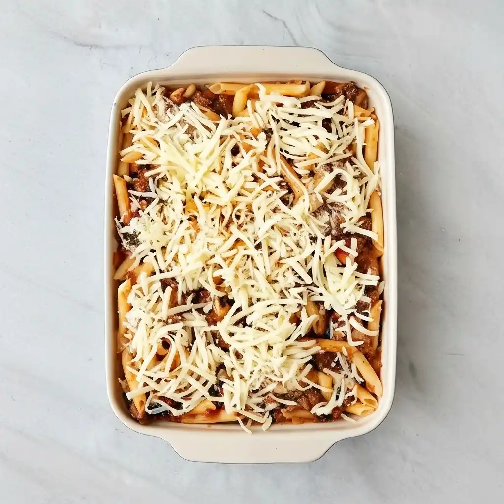 topping ground beef pasta with shredded mozzarella cheese