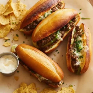 Ground Beef Philly Cheesesteak sandwiches on parchment with melted cheese and peppers